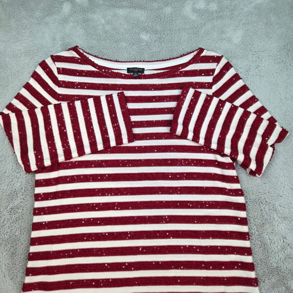 Talbots Sequin Striped Knit Top Womens SP 3/4 Sleeve Boatneck Red White Festive